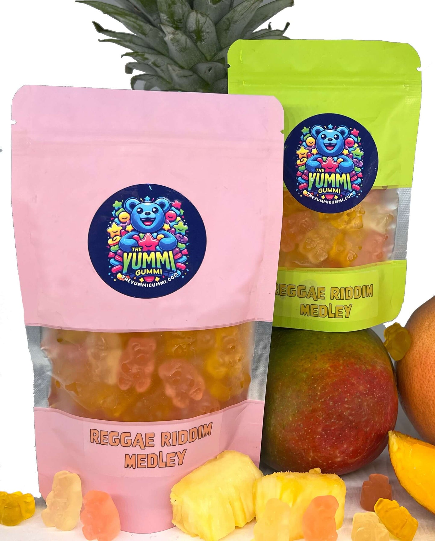 Reggae Riddim Medley gummy bears with tropical flavors of pink grapefruit, mango, and pineapple in colorful packaging.